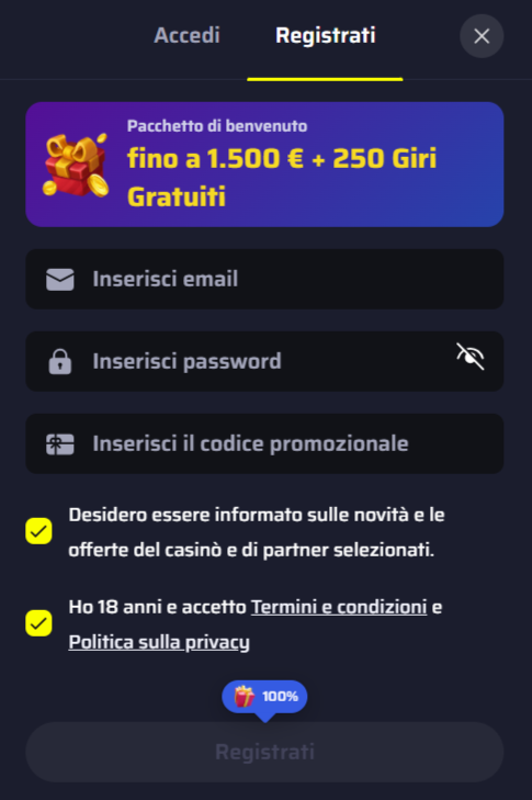 Schermata registrazione su BDMBet Casino