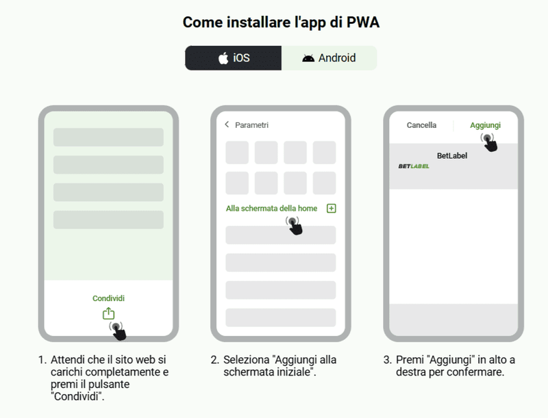 Guida all'installazione dell'app PWA di BetLabel su dispositivi mobili