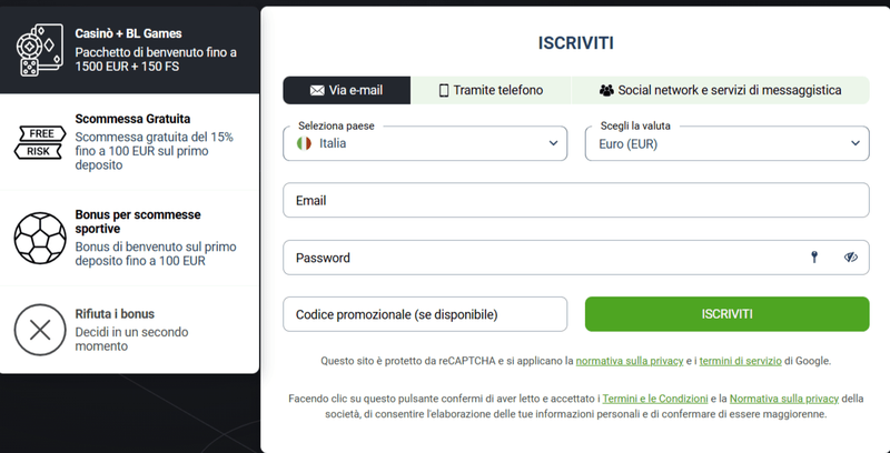 Modulo di registrazione su BetLabel Casino Italia