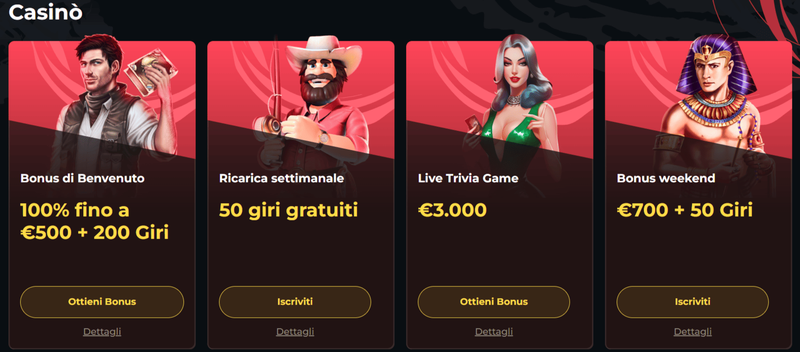 Promozioni settimanali e bonus disponibili su Boomerang Casino, incluso il bonus di benvenuto da 500€ e 200 giri gratuiti