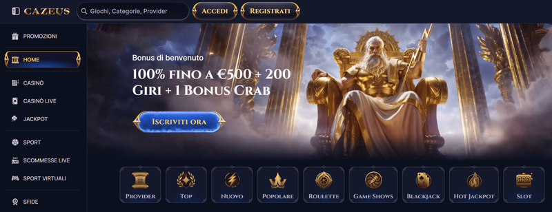 Homepage di Cazeus Casino con banner promozionale e accesso rapido ai giochi principali