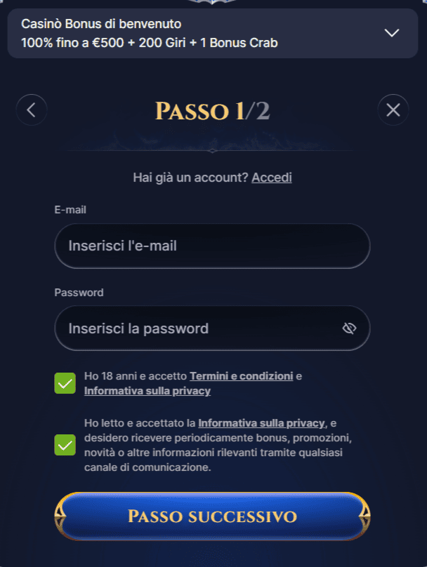 Pagina iniziale della registrazione su Cazeus Casino con bonus di benvenuto