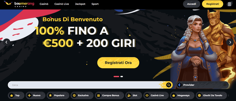 Homepage di Boomerang Casino con bonus di benvenuto evidenziato (100% fino a 500€ e 200 free spin)