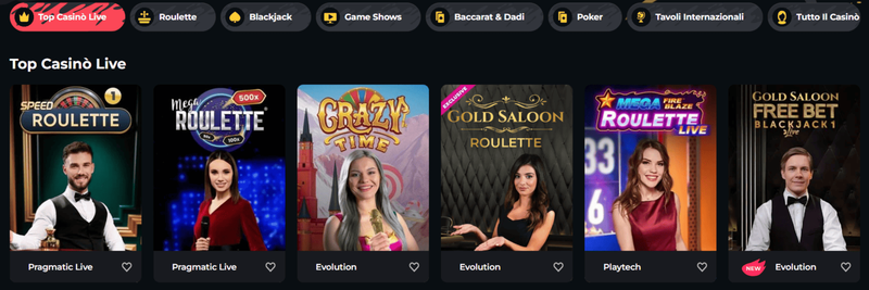 Giochi più popolari nella sezione Live Casino di Boomerang Casino, tra cui Crazy Time e Mega Roulette