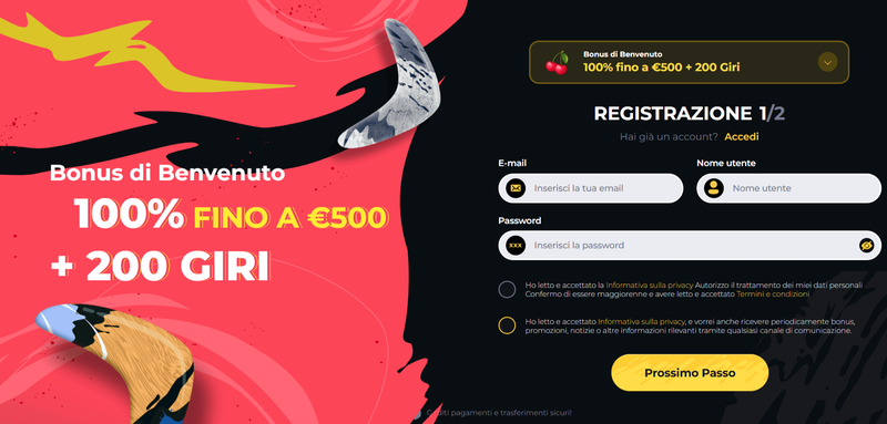 Promozioni settimanali e bonus disponibili su Boomerang Casino, incluso il bonus di benvenuto da 500€ e 200 giri gratuiti