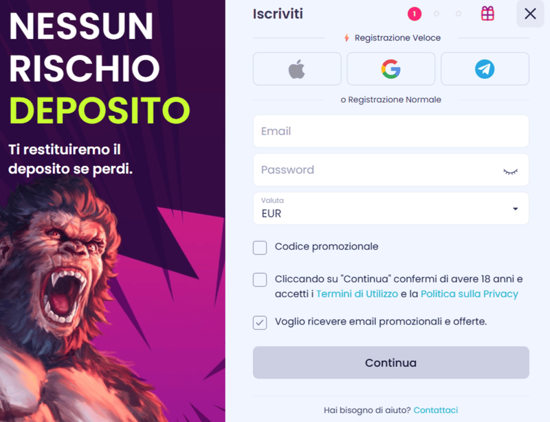 Modulo di registrazione veloce su Booms.bet Casino con bonus senza rischi