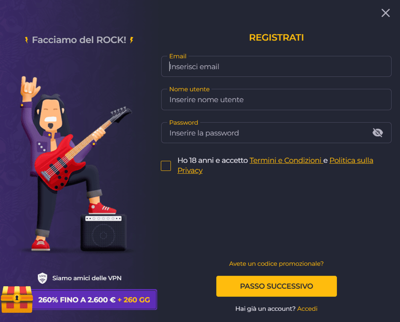 Modulo di registrazione su Rolling Slots Casino con bonus benvenuto